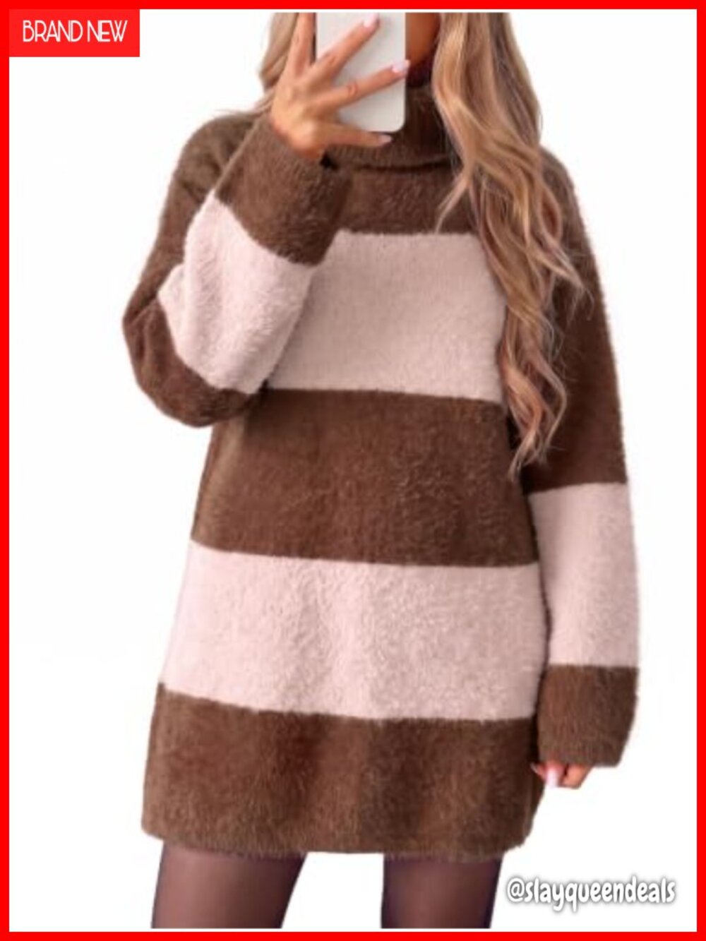 Womens Oversized Fuzzy Knit Striped Sweater Dress High Neck Mini Pullover